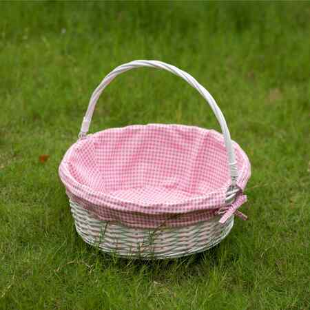 Wickerwise White Round Willow Gift Basket with Pink and White Gingham Liner and Sturdy Foldable Handles, Large QI004620.PK.L